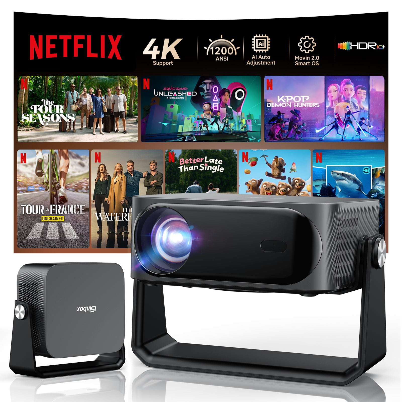 [1200 ANSI/360°Stand/Auto Focus] 4K Outdoor Projector with Wifi and Bluetooth, Smart Portable Proyector with Built in Apps Netflix/YouTube/PrimeVideo & Dolby, Home Theater with HDR10+
