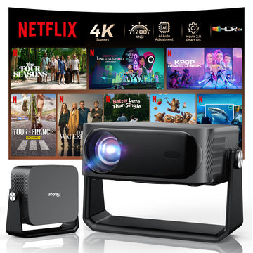 [1200 ANSI/360°Stand/Auto Focus] 4K Outdoor Projector with Wifi and Bluetooth, Smart Portable Proyector with Built in Apps Netflix/YouTube/PrimeVideo & Dolby, Home Theater with HDR10+
