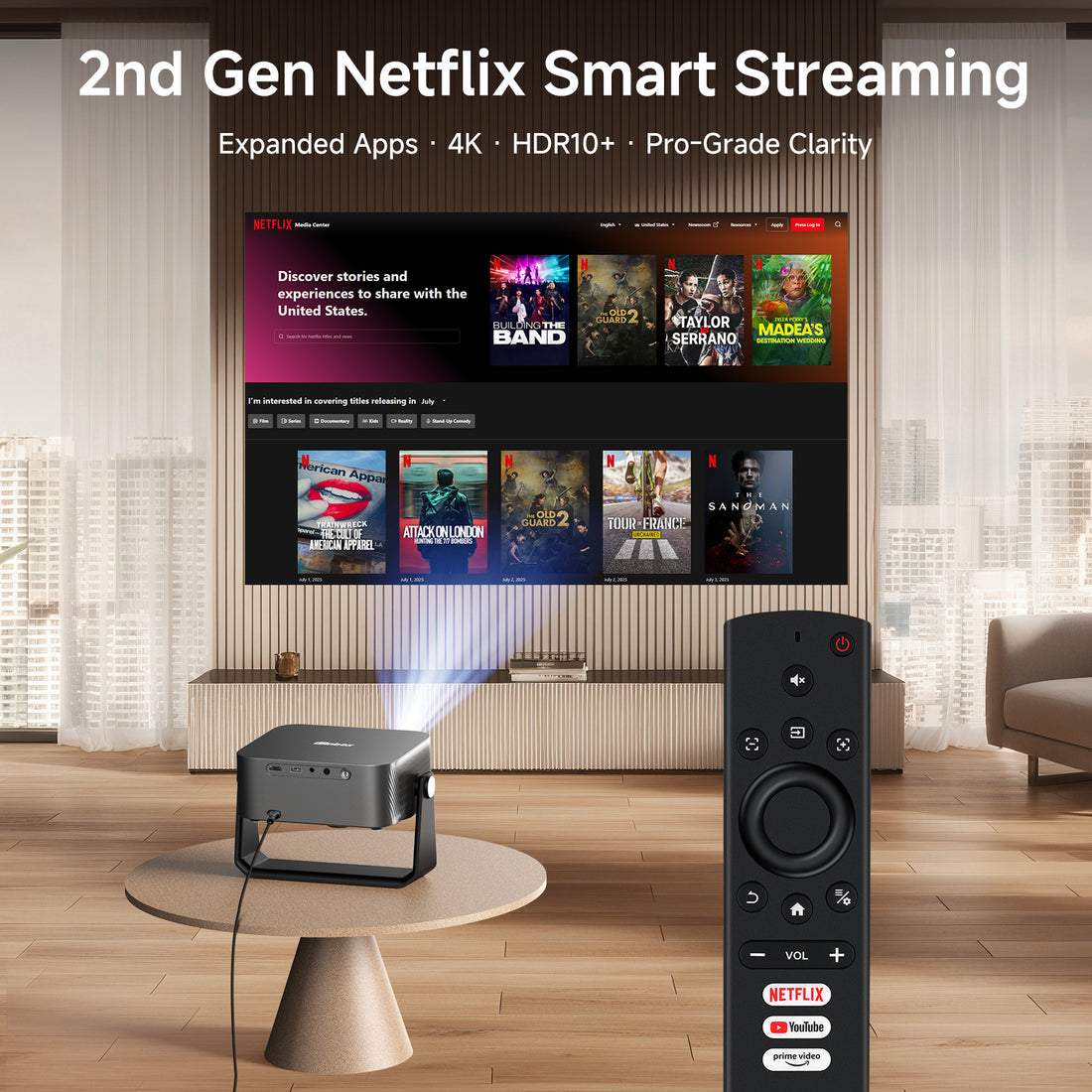 [1200 ANSI/360°Stand/Auto Focus] 4K Outdoor Projector with Wifi and Bluetooth, Smart Portable Proyector with Built in Apps Netflix/YouTube/PrimeVideo & Dolby, Home Theater with HDR10+